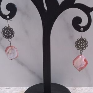 Pink and Silver Tone Shell- Like Earrings